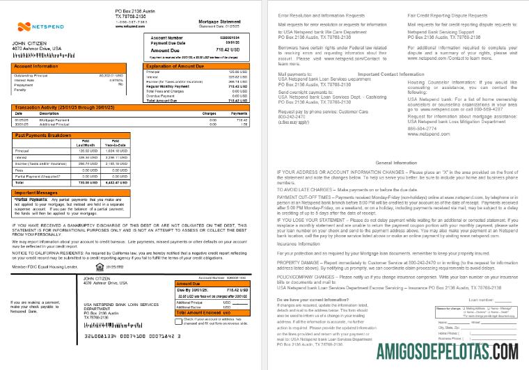 Extrato de hipoteca do Netspend Bank dos EUA em formatos Word e PDF exemplo